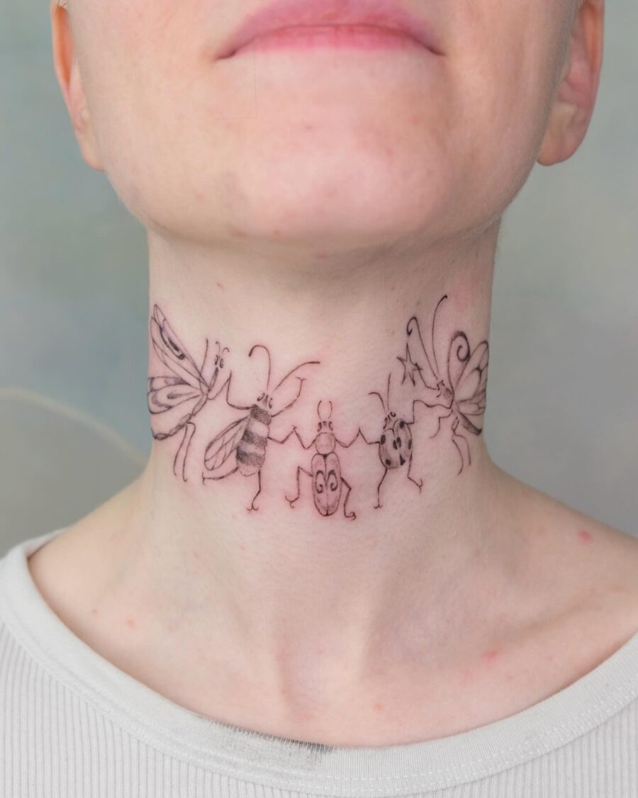 Charming Insect Parade on the Collarbone Tattoo Design