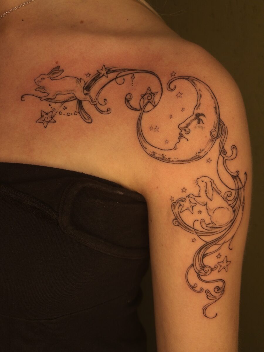 Charming moon and rabbit tattoo design Tattoo Design