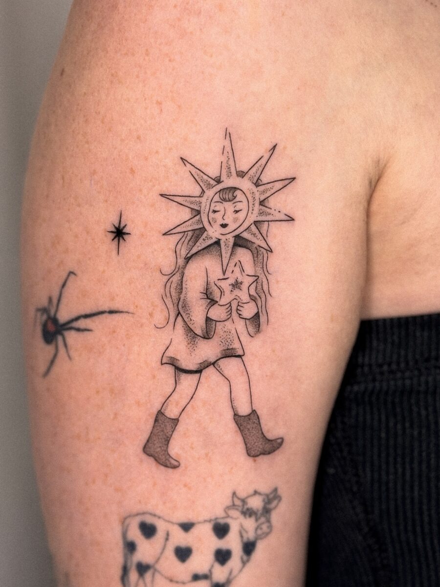 Charming whimsical tattoo of a sunshine girl Tattoo Design