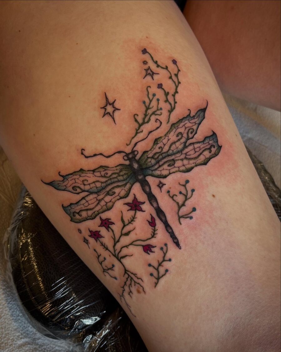 Delicate dragonfly with floral accents Tattoo Design