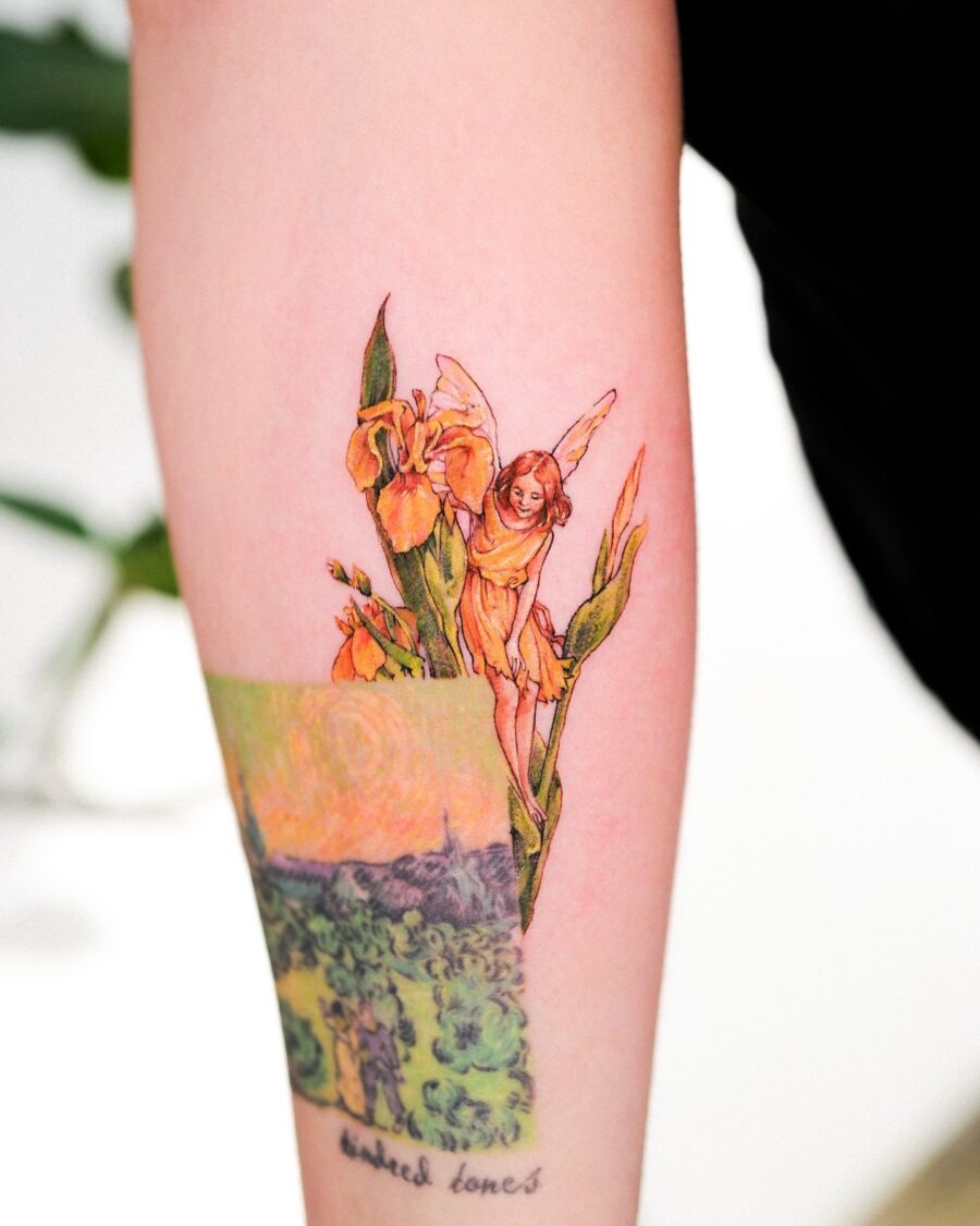 Enchanting fairy surrounded by blooming flowers Tattoo Design