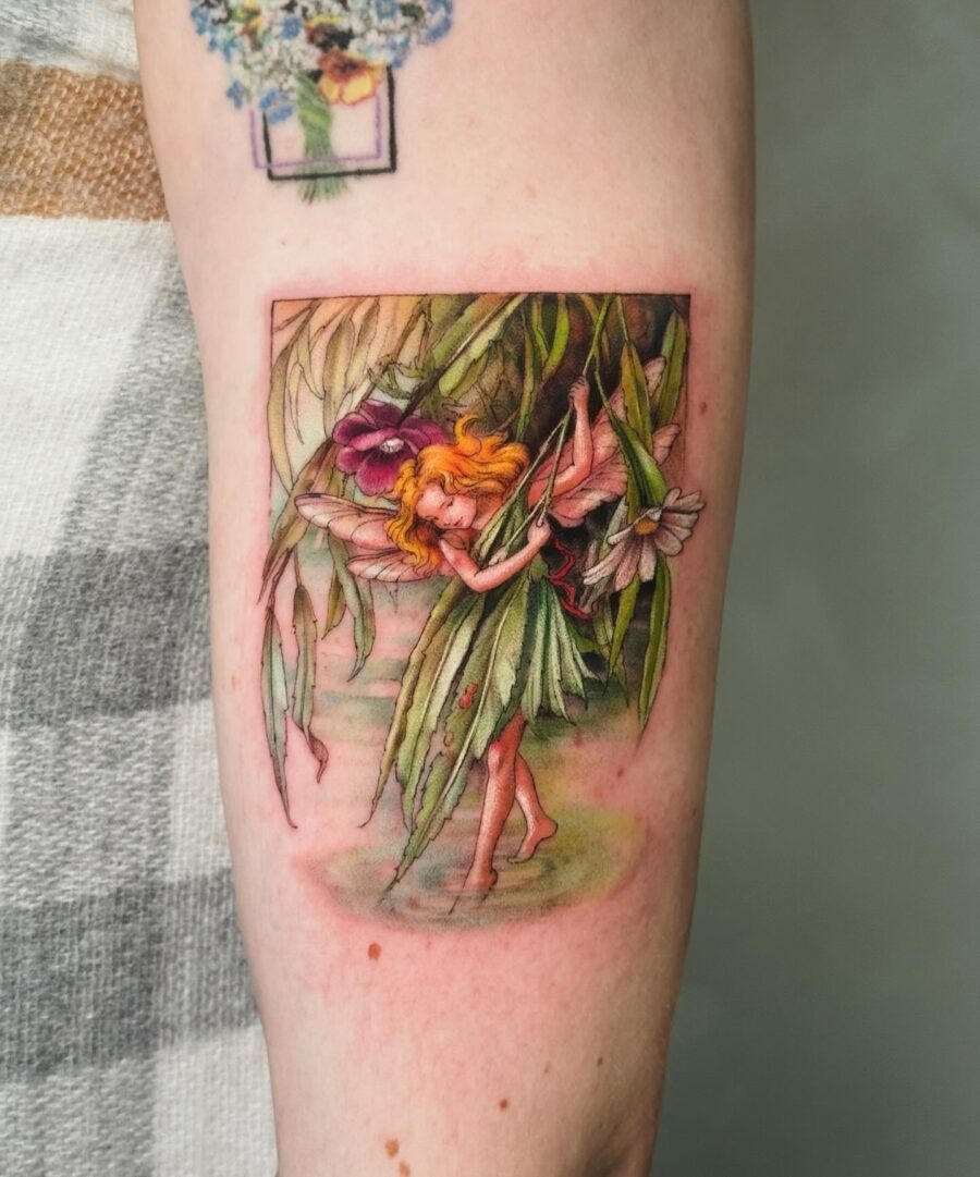 Enchanting fairy surrounded by lush foliage Tattoo Design