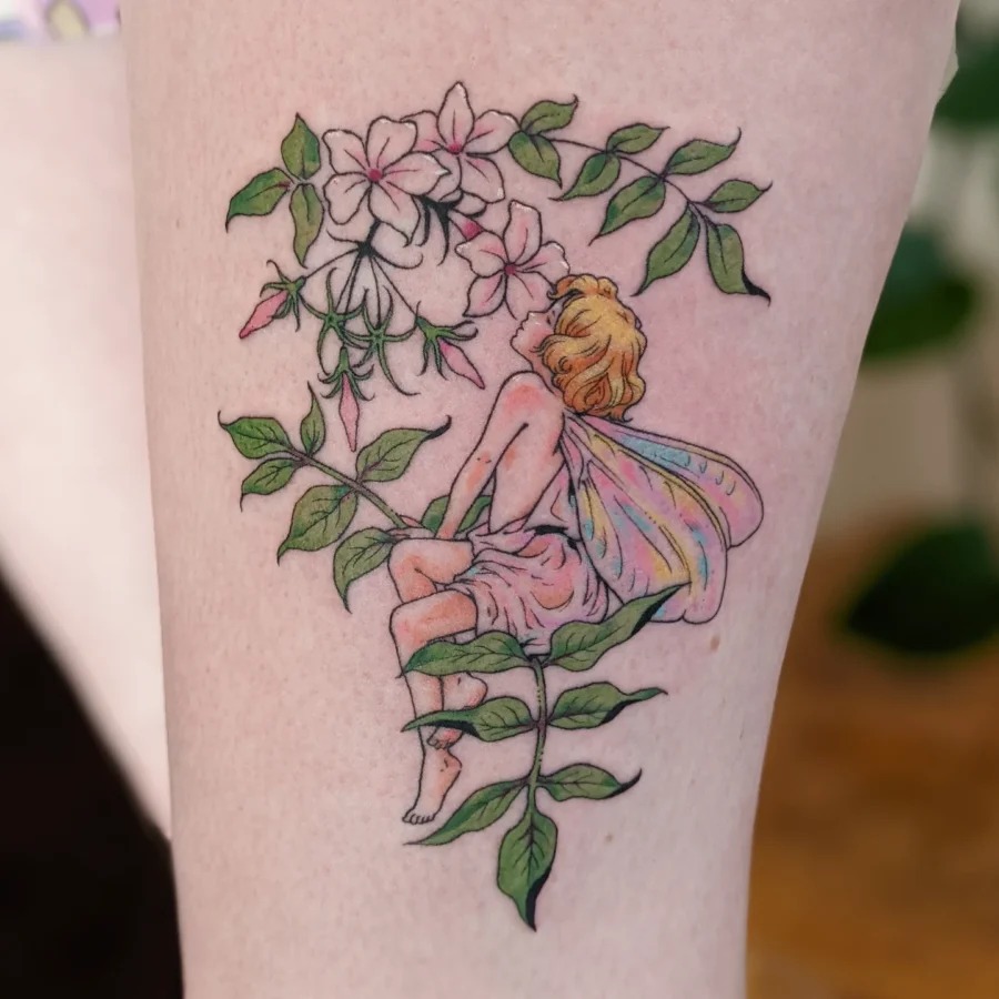 Enchanting fairy tattoo amidst blooming flowers Tattoo Design