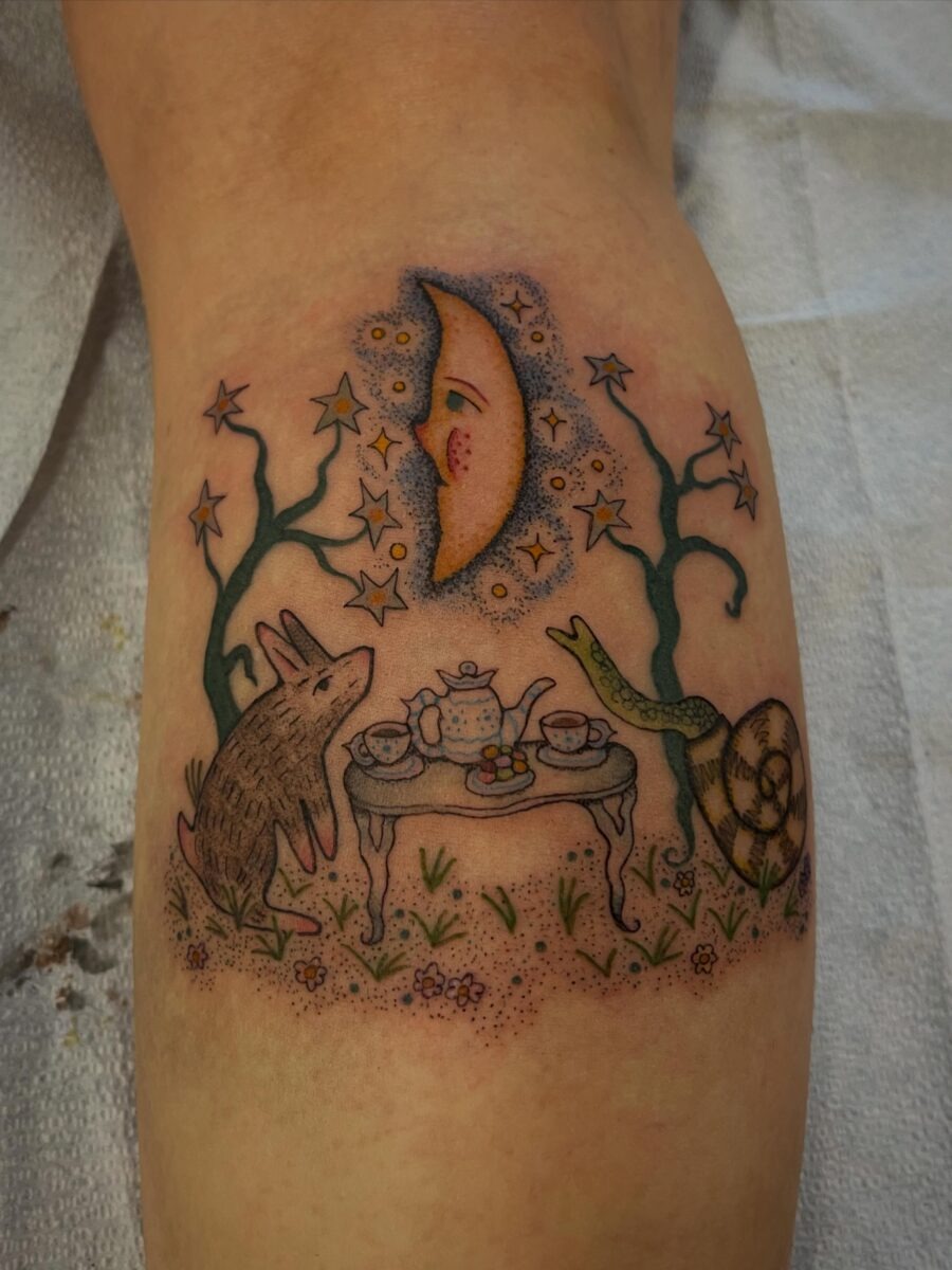 Enchanting tea party under a moonlit sky Tattoo Design