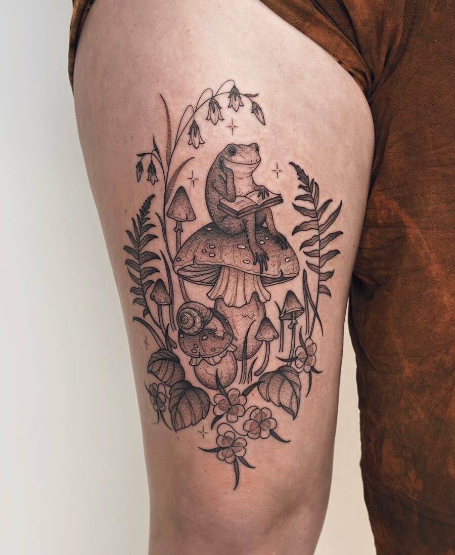 Nature-inspired whimsical tattoo design featuring a frog Tattoo Design