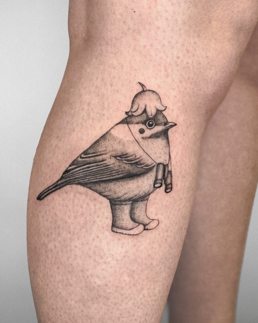 Playful bird tattoo with quirky character Tattoo Design
