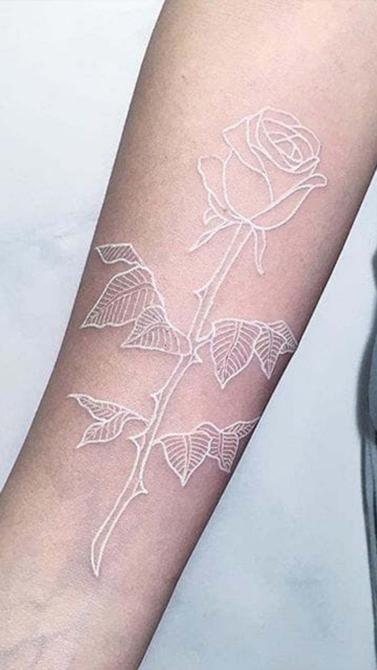 Delicate Rose with Leafy Detail White Ink Tattoo Tattoo Design