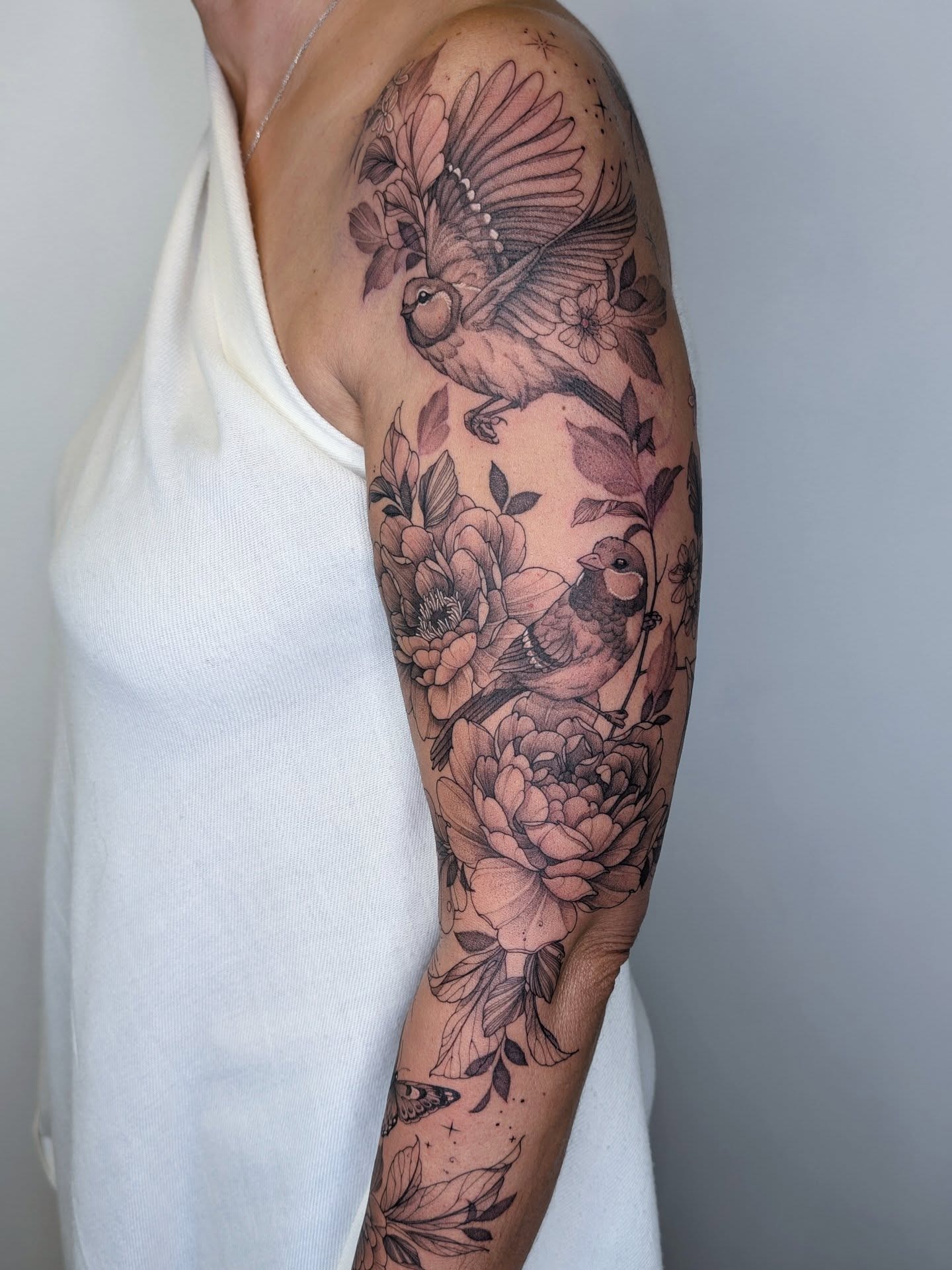 Songbirds and Peony Flowers Tattoo Tattoo Design