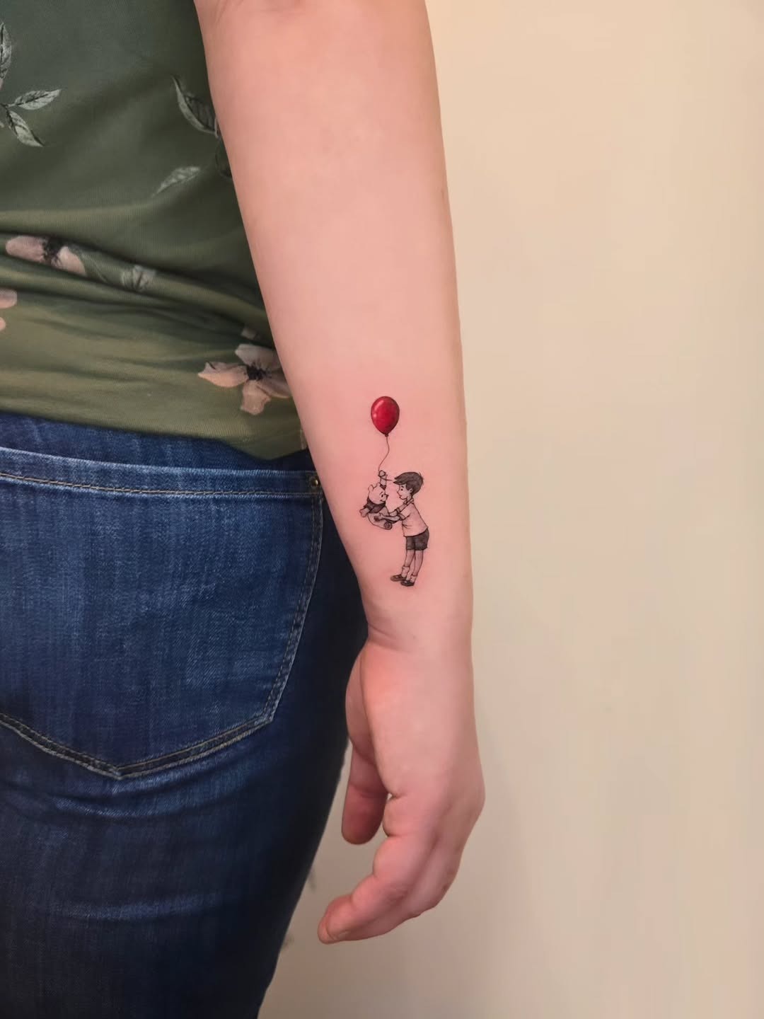 Charming Pooh and child tattoo with balloon Tattoo Design