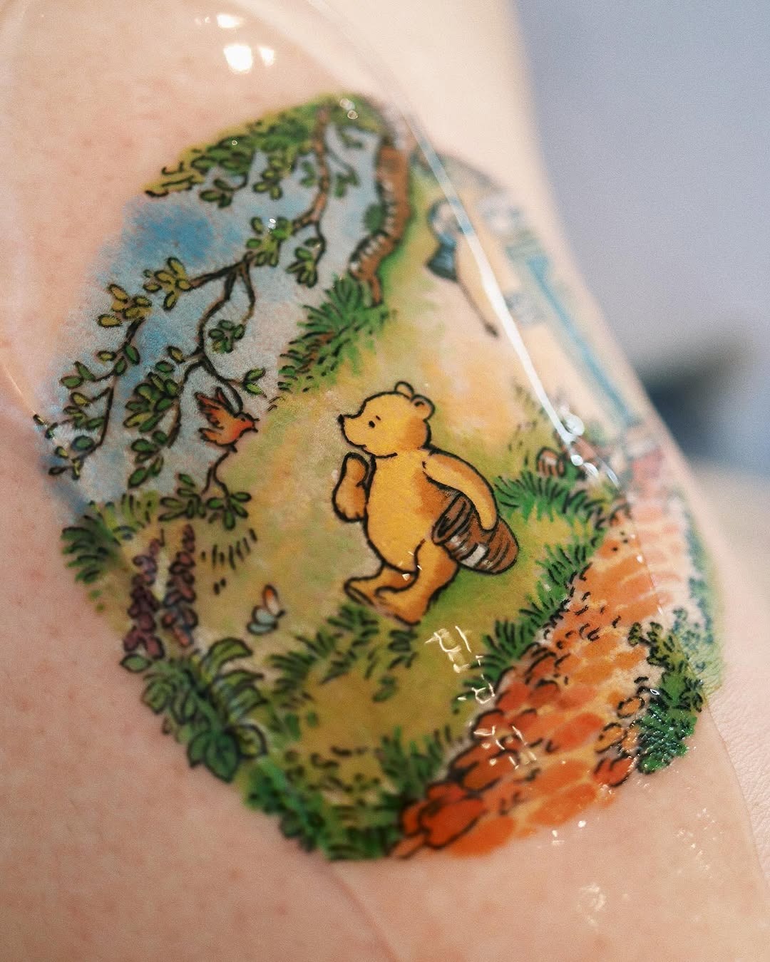 Charming Pooh navigating a whimsical path Tattoo Design