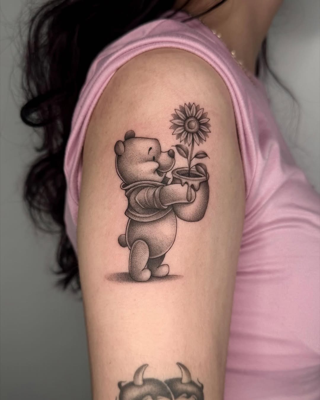 Charming Pooh with Flower Tattoo on Arm Tattoo Design
