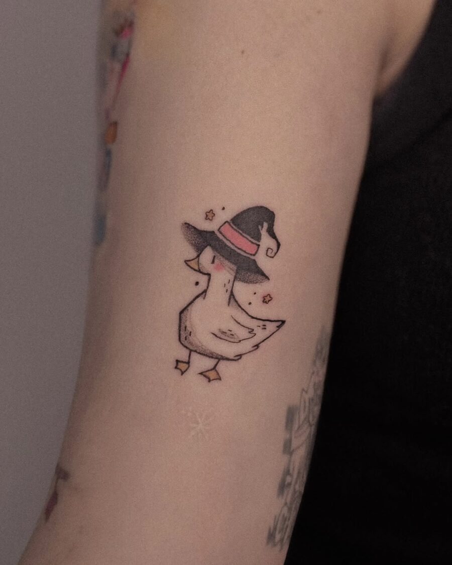 Adorable duck sporting a witch hat tattoo Tattoo Design