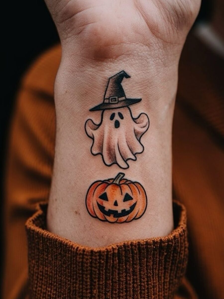Charming ghost with a witch hat and pumpkin Tattoo Design