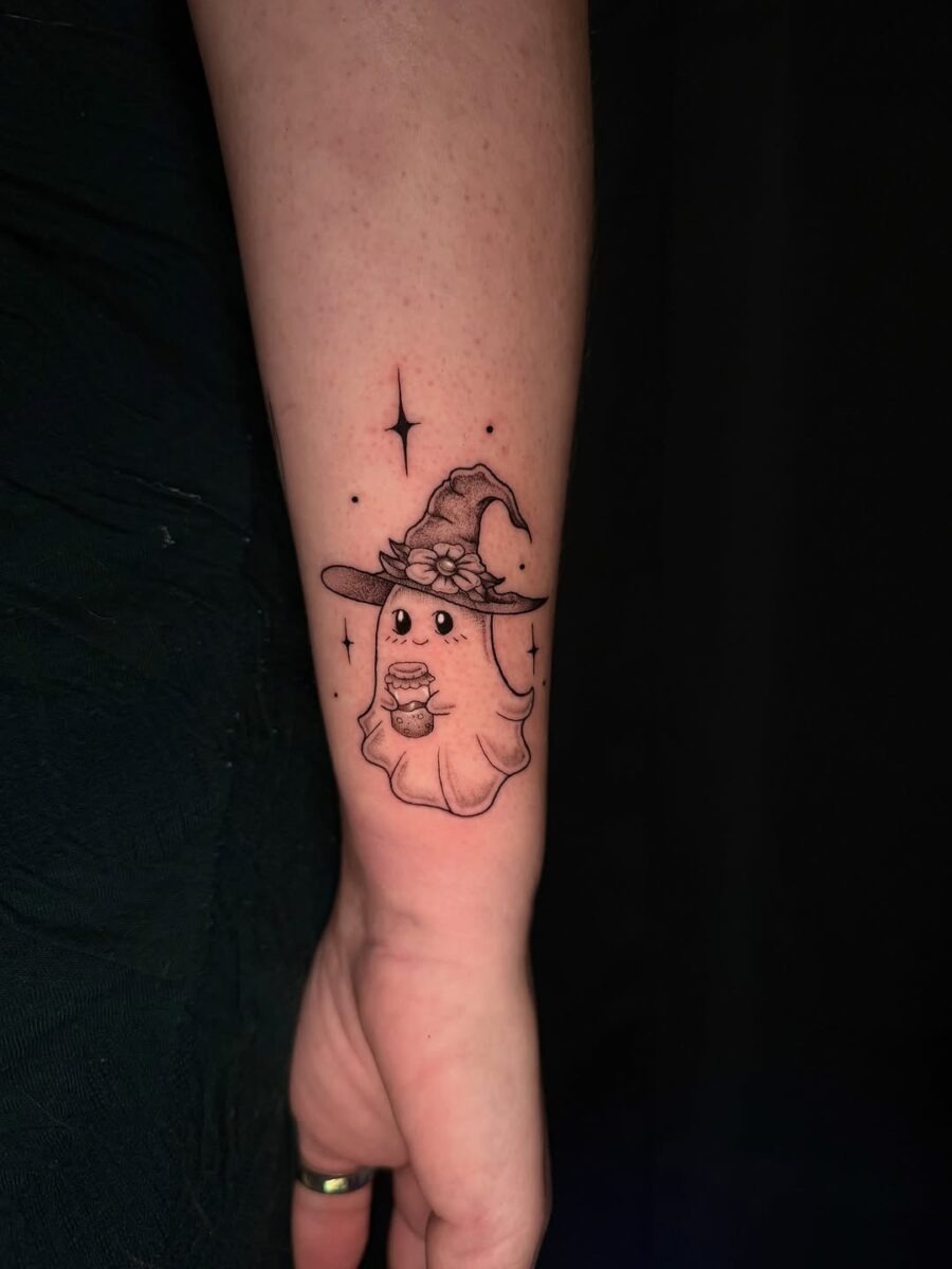 Charming ghost with a witch hat tattoo Tattoo Design