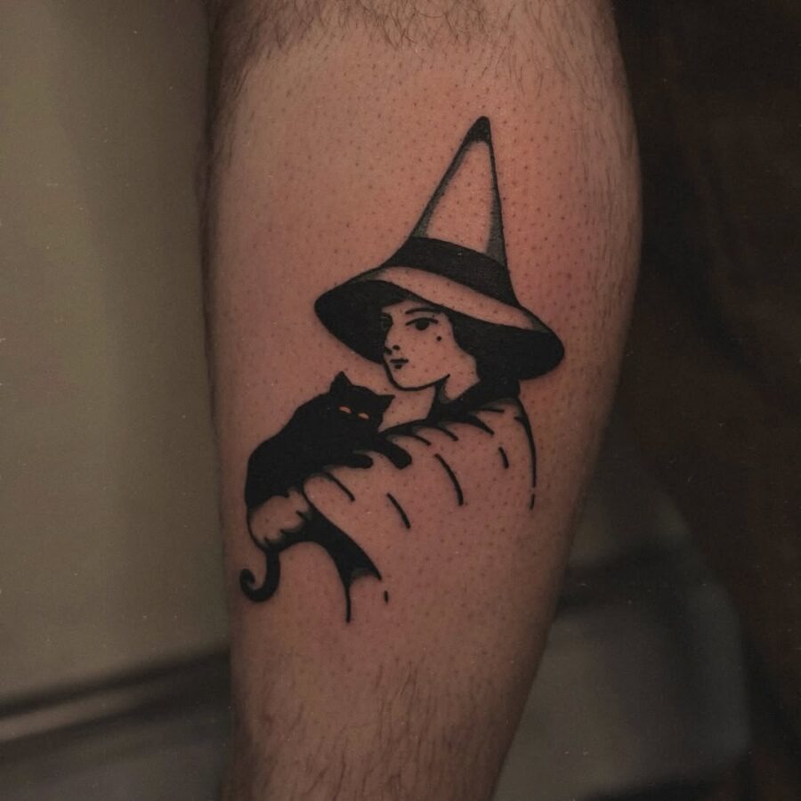 Charming witch hat tattoo with cat companion Tattoo Design