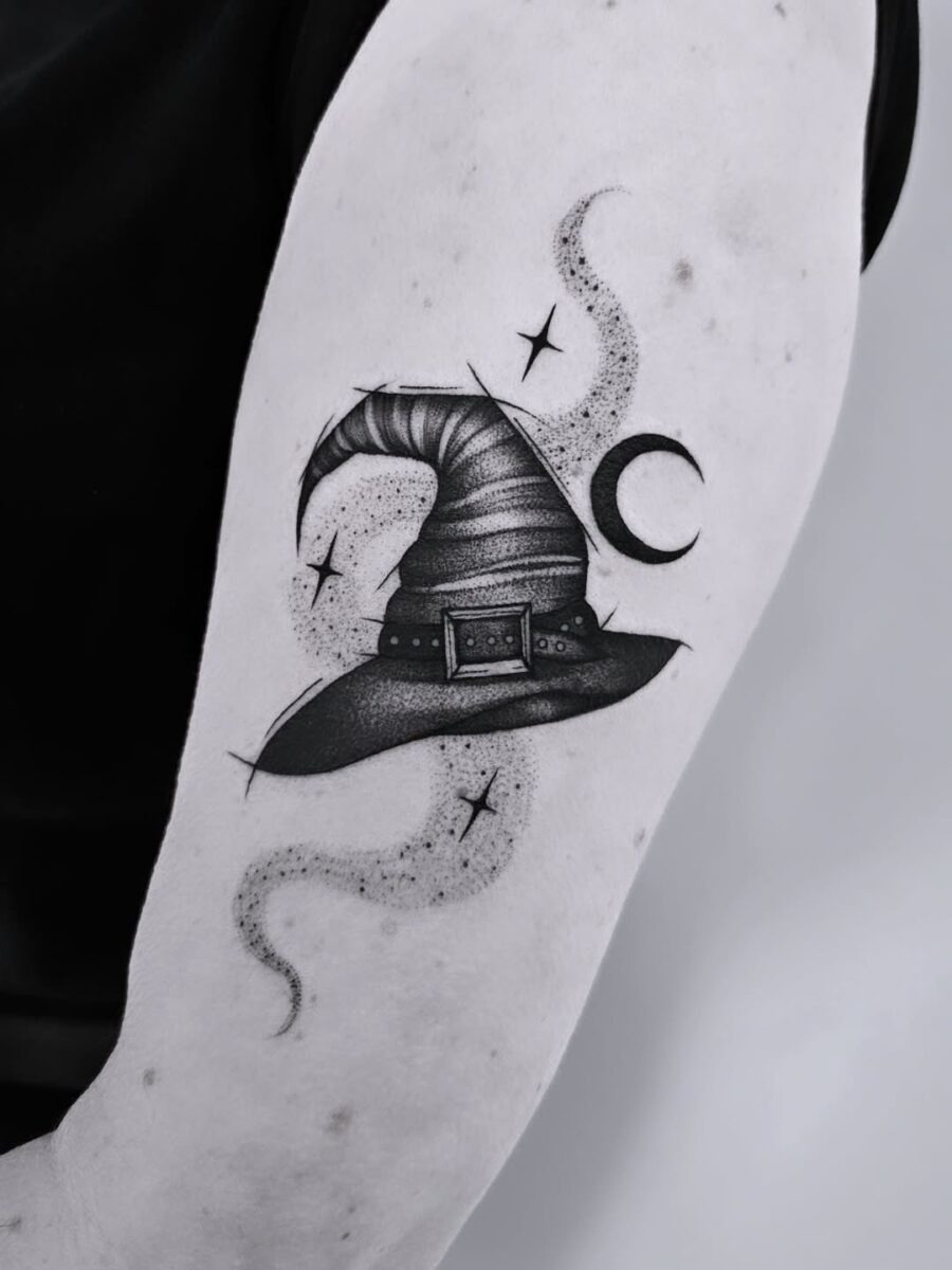 Elegant Witch Hat Tattoo with Mystical Elements Tattoo Design