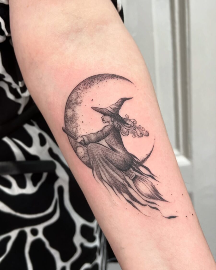 Enchanting witch flying under a crescent moon Tattoo Design