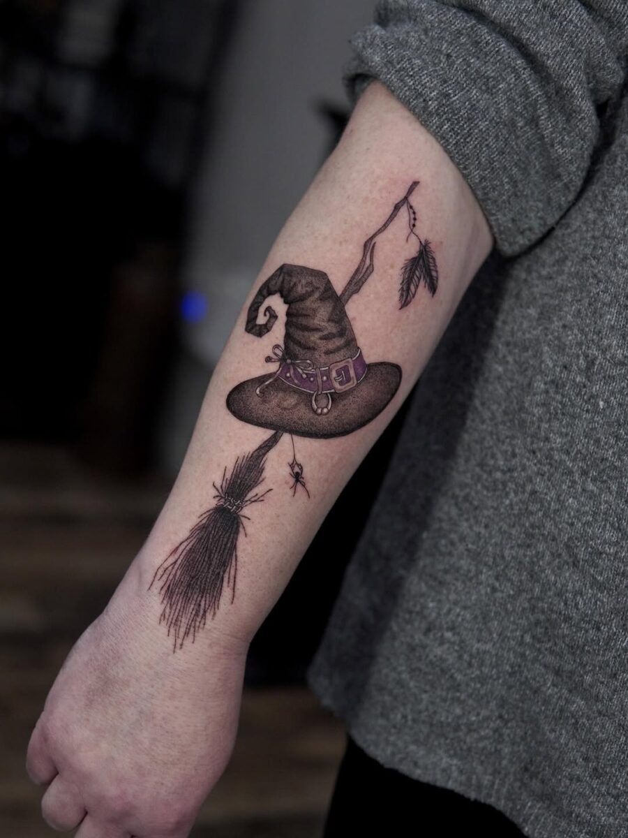 Enchanting witch hat tattoo with whimsical details Tattoo Design