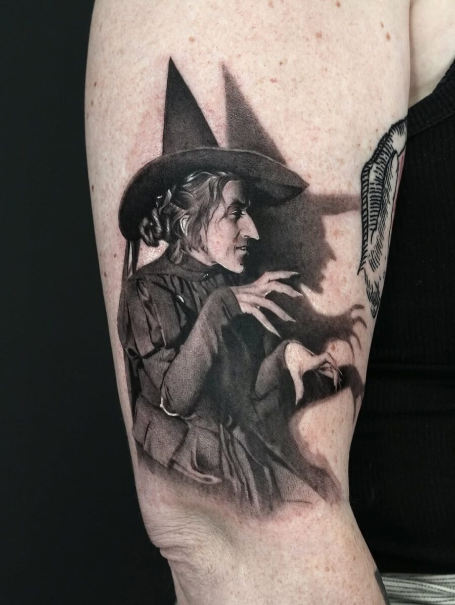 Mysterious witch portrait with iconic hat Tattoo Design