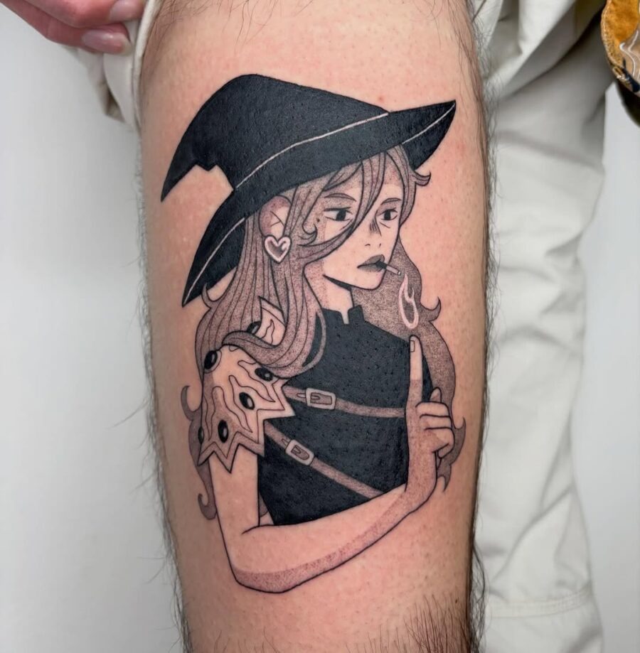 Stylish witch hat tattoo on a confident character Tattoo Design