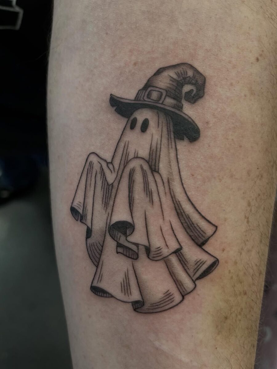 Whimsical ghost with a witch hat tattoo Tattoo Design