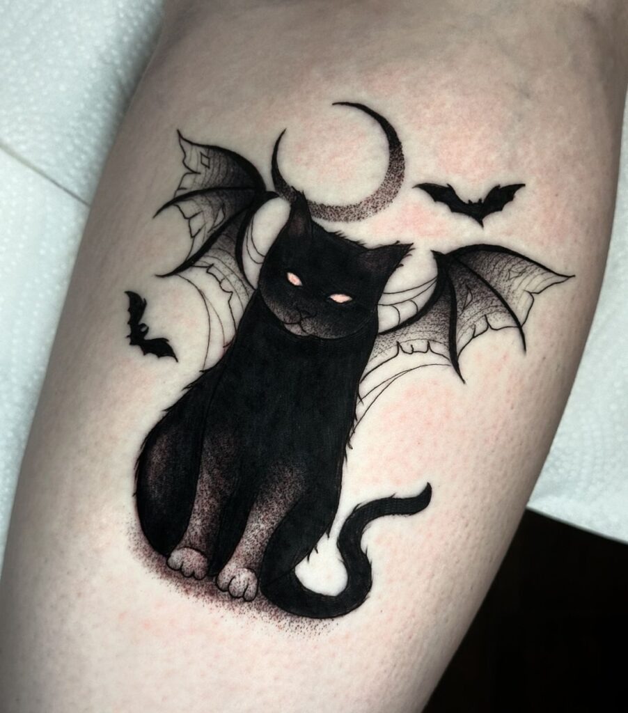 Bat-Winged Black Cat with Crescent Moon Tattoo Tattoo Design