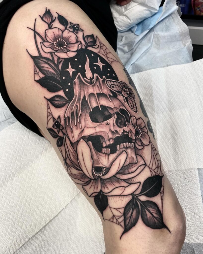Candle Skull with Flowers and Webs Tattoo Tattoo Design