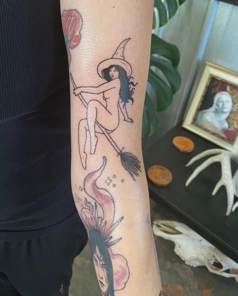 Classic Witch on a Broom Tattoo Tattoo Design