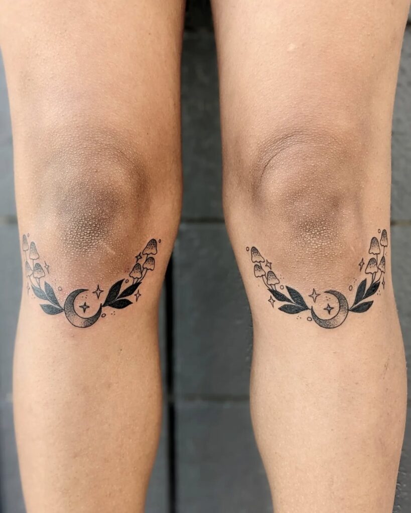 Crescent Moon and Mushroom Knee Tattoos Tattoo Design