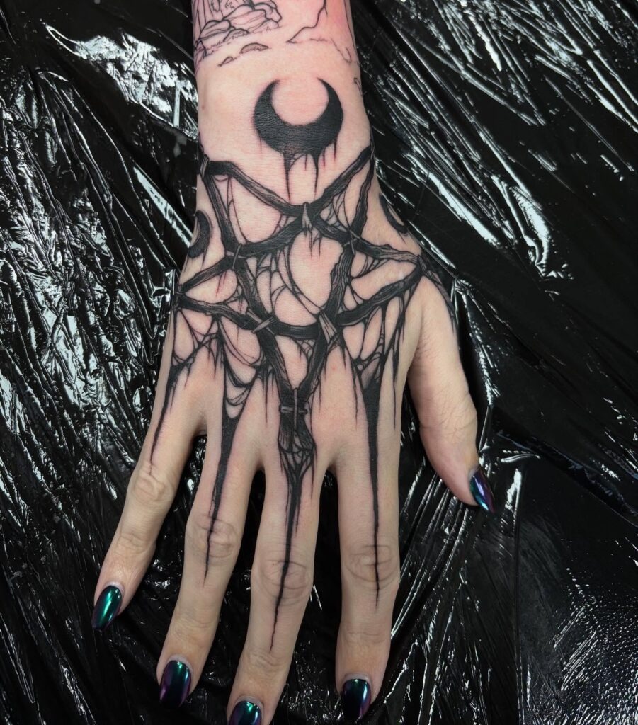 Crescent Moon and Webbed Pentagram Hand Tattoo Tattoo Design