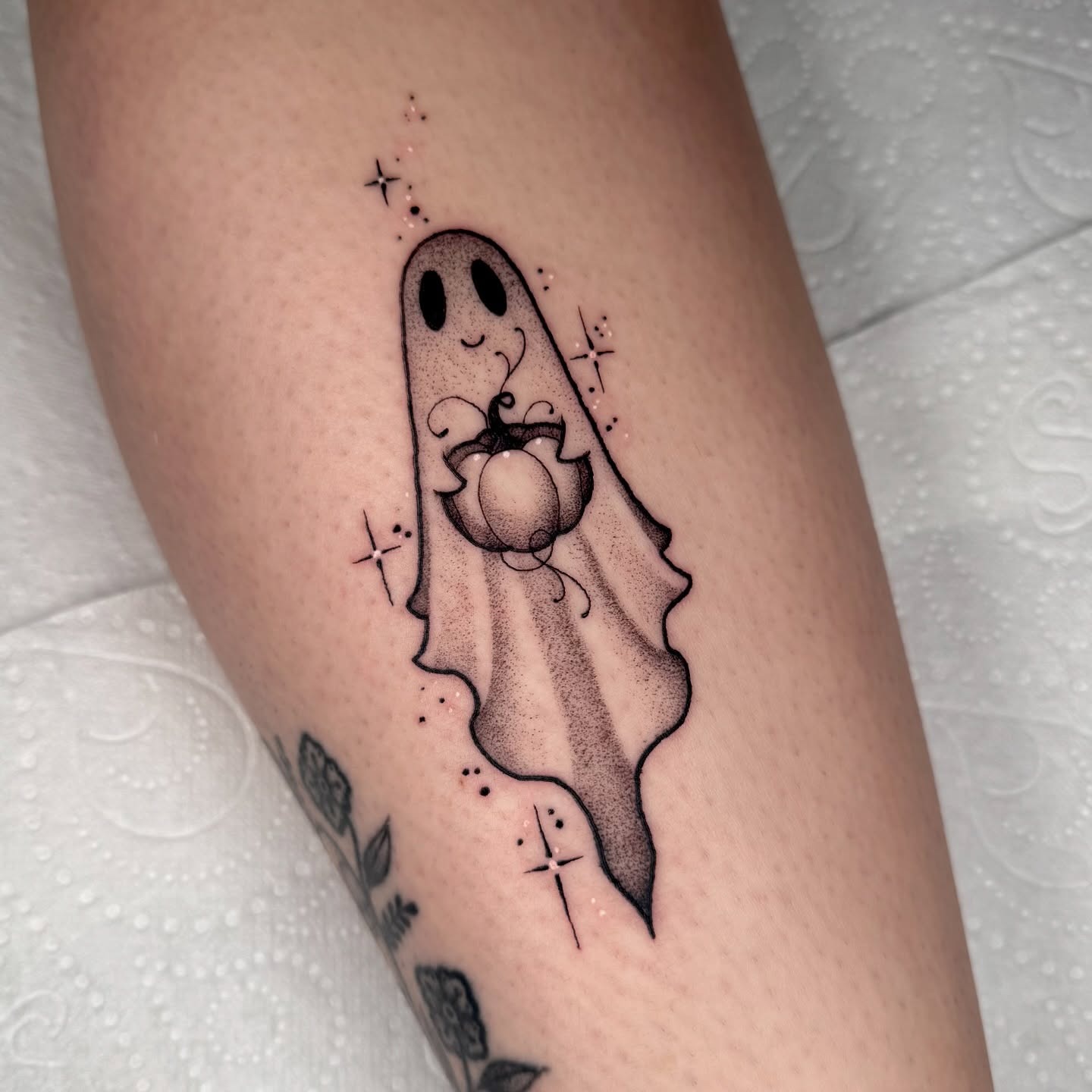 Cute Ghost Holding a Pumpkin Tattoo Tattoo Design