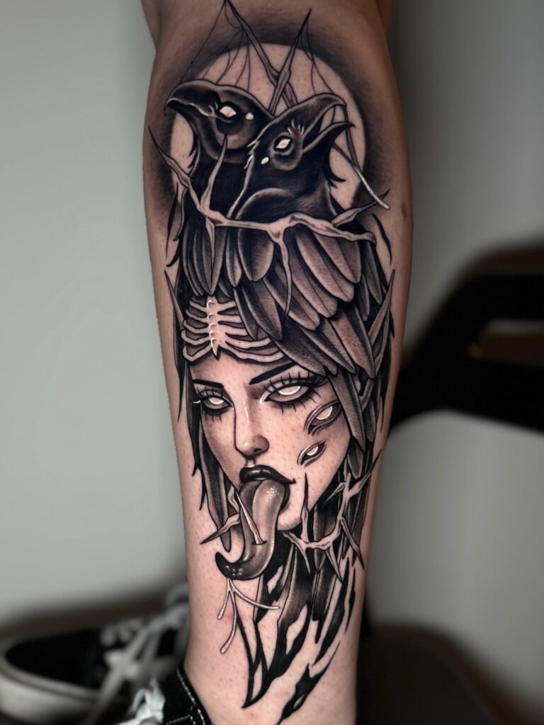 Dark Witch with Ravens and Piercing Eyes Tattoo Design