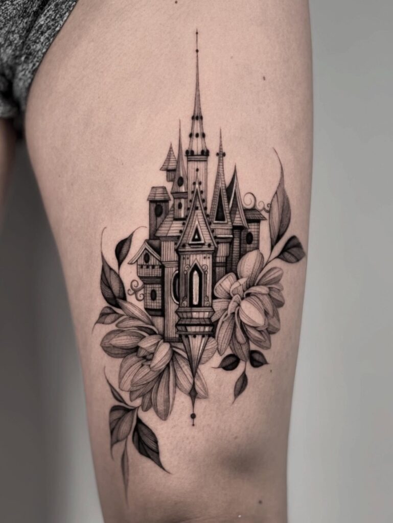 Enchanted Castle with Dahlias Tattoo Tattoo Design