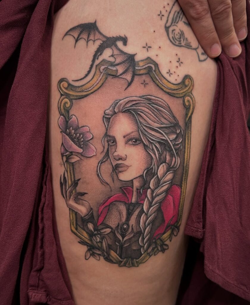 Enchantress Portrait with Bat and Frame Tattoo Tattoo Design