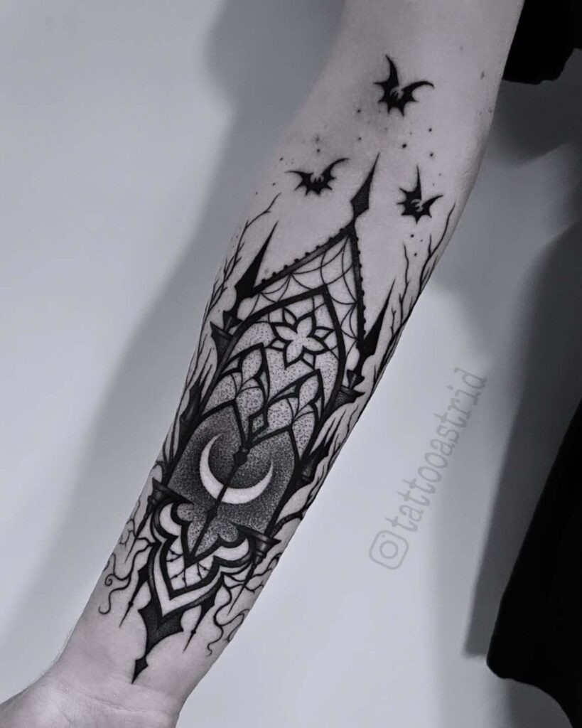 Gothic Window with Crescent Moon and Bats Tattoo Tattoo Design