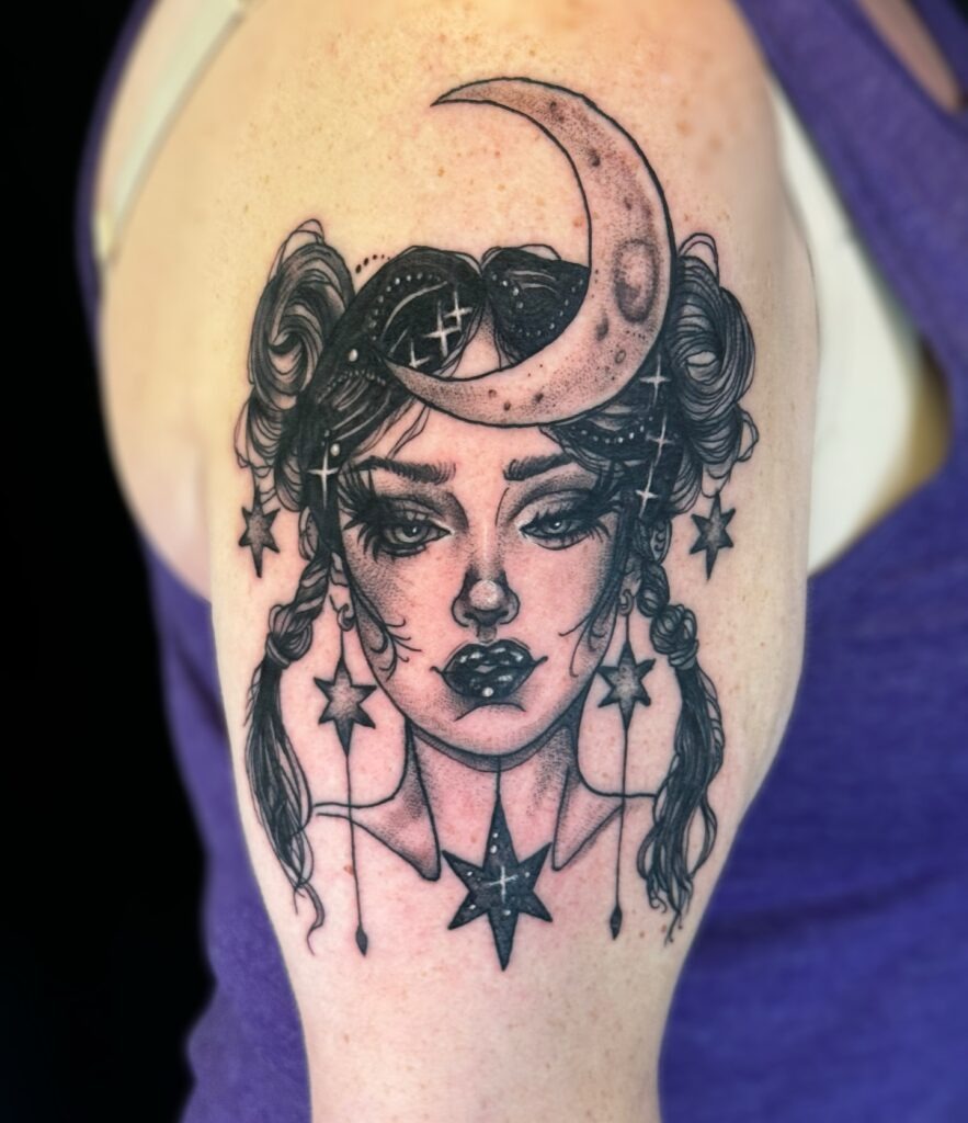 Lunar Witch with Stars Tattoo Tattoo Design