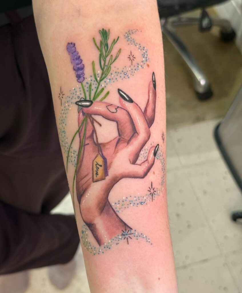 Magical Witchy Hand with Lavender Tattoo Design