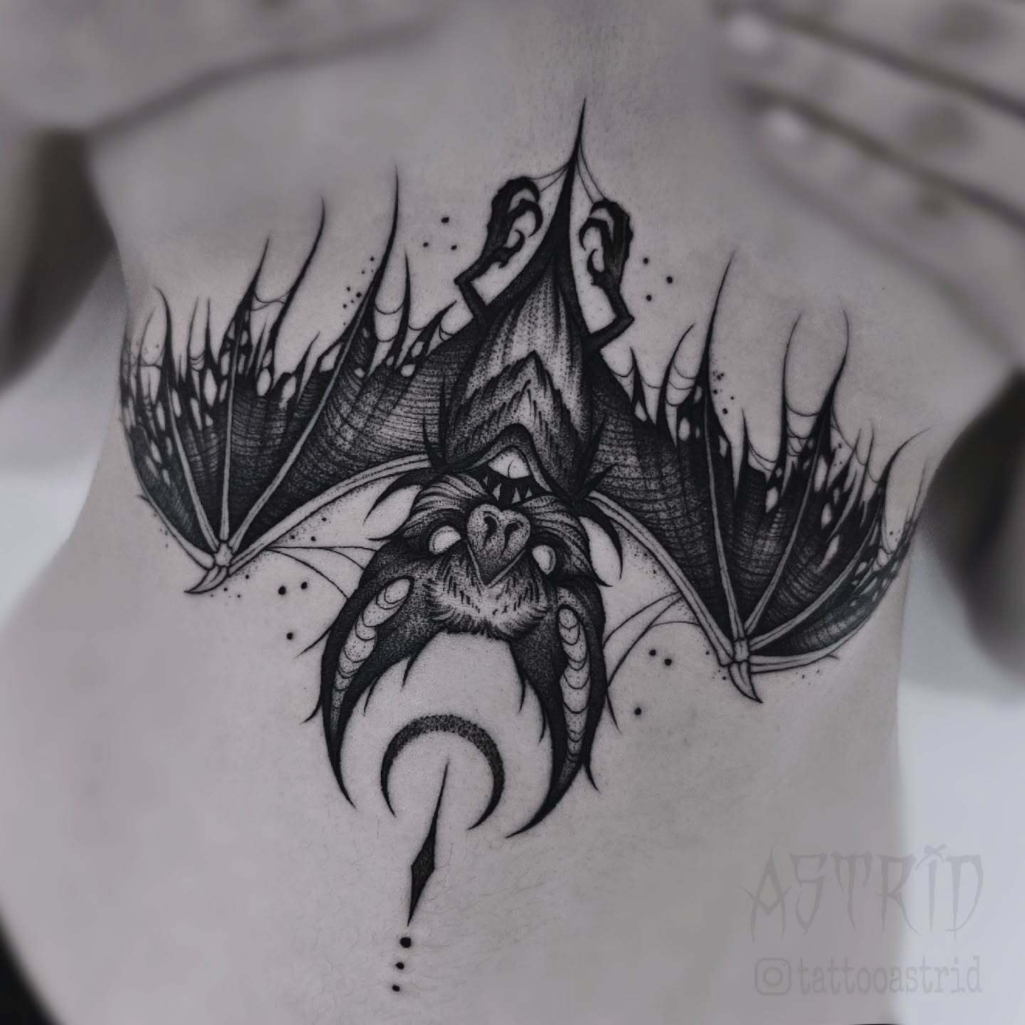 Mystical Bat with Crescent Moon Tattoo Tattoo Design