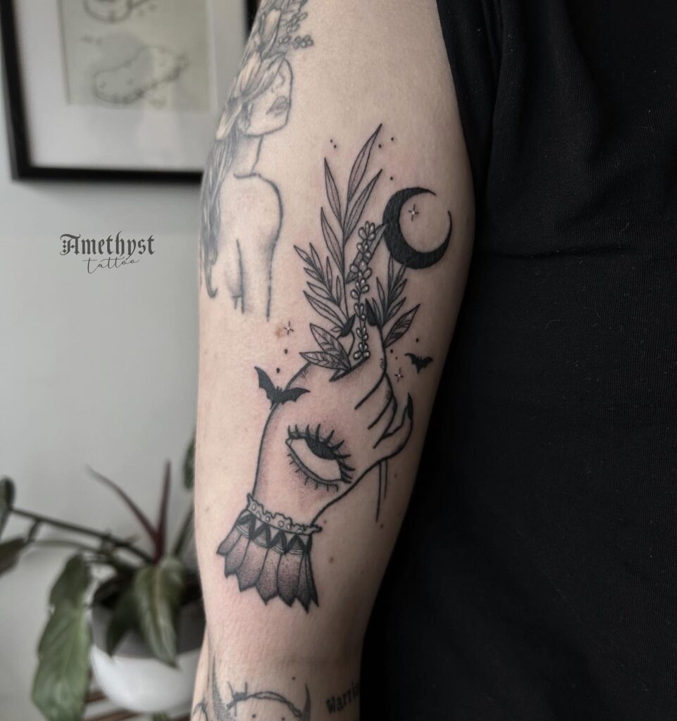 Mystical Hand with Crescent Moon and Herbs Tattoo Design