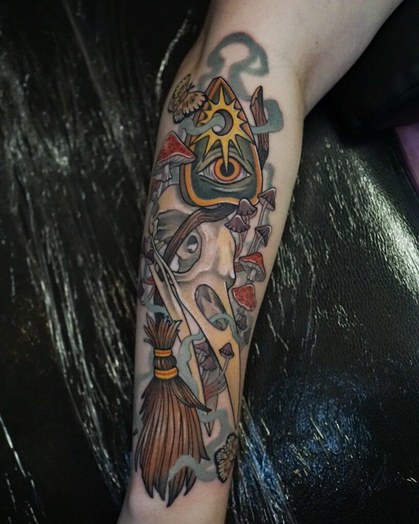 Mystical Witch with Mushrooms and All-Seeing Eye Tattoo Design