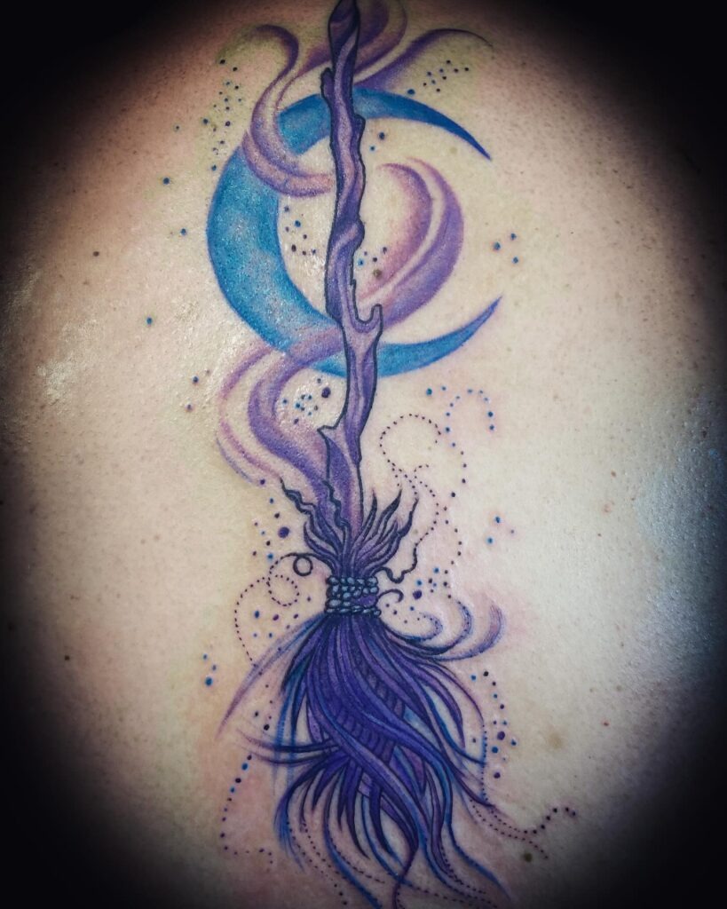 Pisces Season Broom and Moon Tattoo Tattoo Design