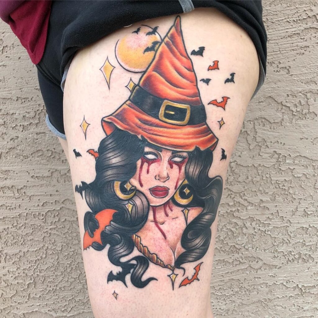 Wicked Witch Tattoo with Fiery Colors Tattoo Design