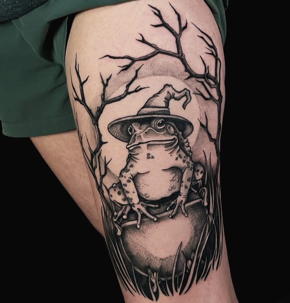 Witch’s Familiar Frog on a Cauldron Tattoo Design