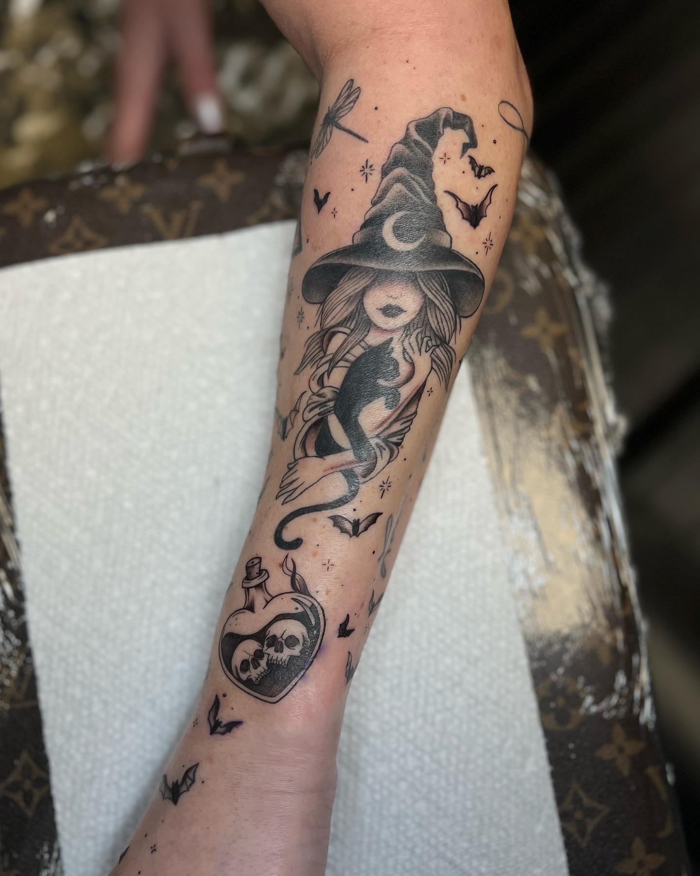 Witch with Crescent Hat and Potion Bottle Tattoo Tattoo Design