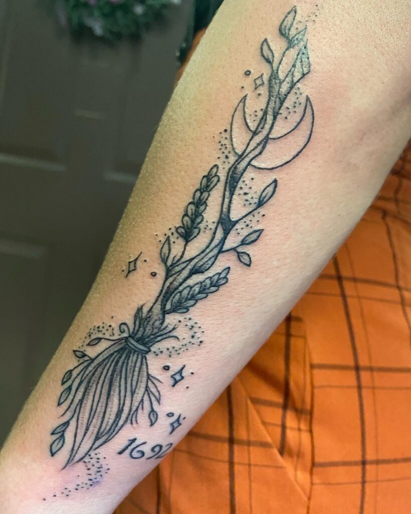 Witchy Broom with Crescent Moon and Herbs Tattoo Tattoo Design