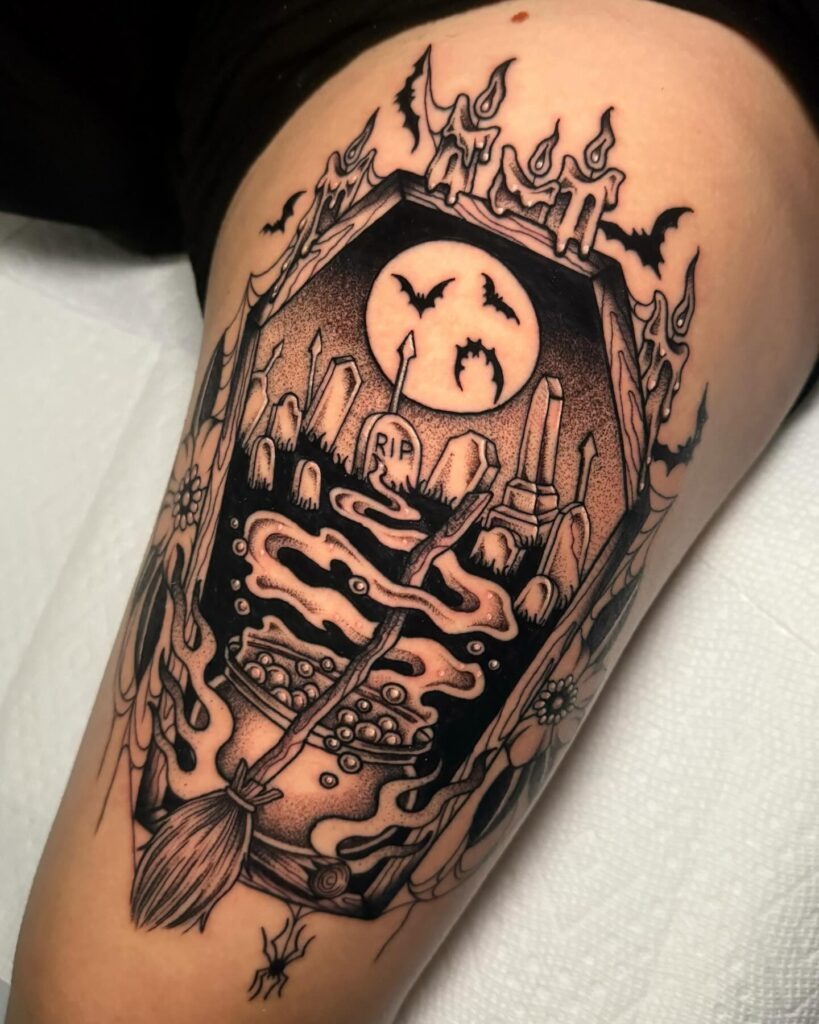 Witchy Coffin Scene with Graveyard and Cauldron Tattoo Design