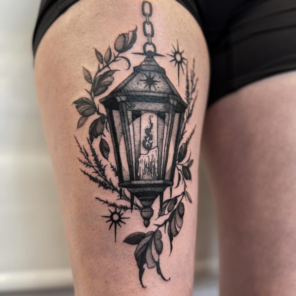 Witchy Lantern with Candle and Foliage Tattoo Design