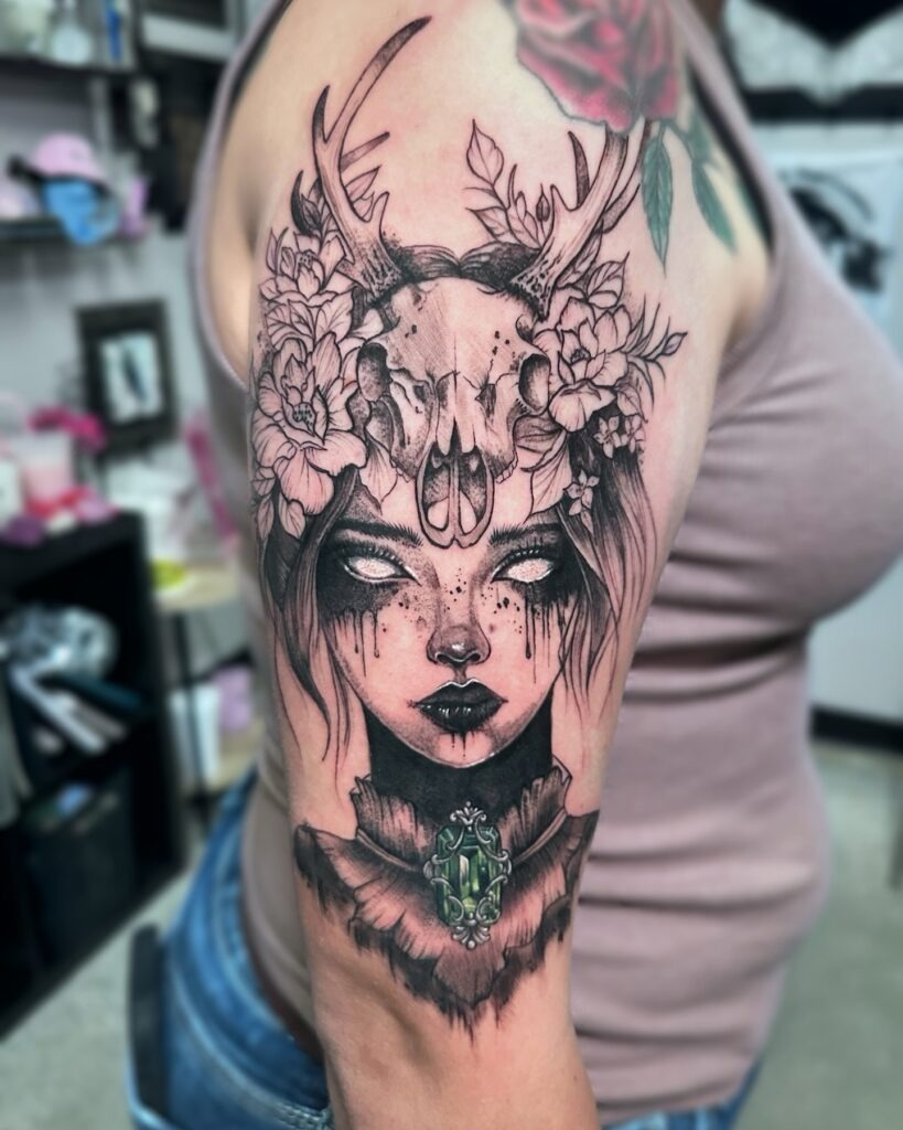 Witchy Woman with Deer Skull Crown Tattoo Tattoo Design