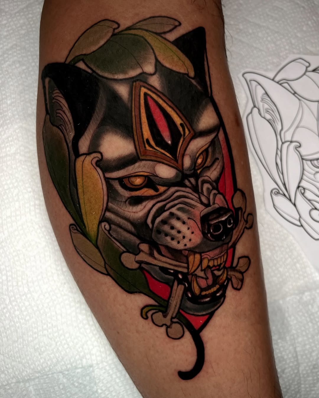 Bold wolf tattoo with vibrant colors and details Tattoo Design
