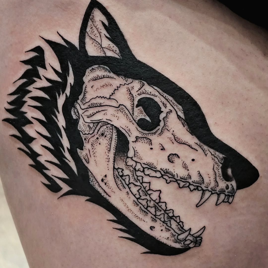 Intricate blackwork wolf skull tattoo design Tattoo Design